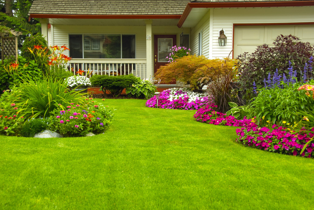 A home with beautifully landscaped front lawn