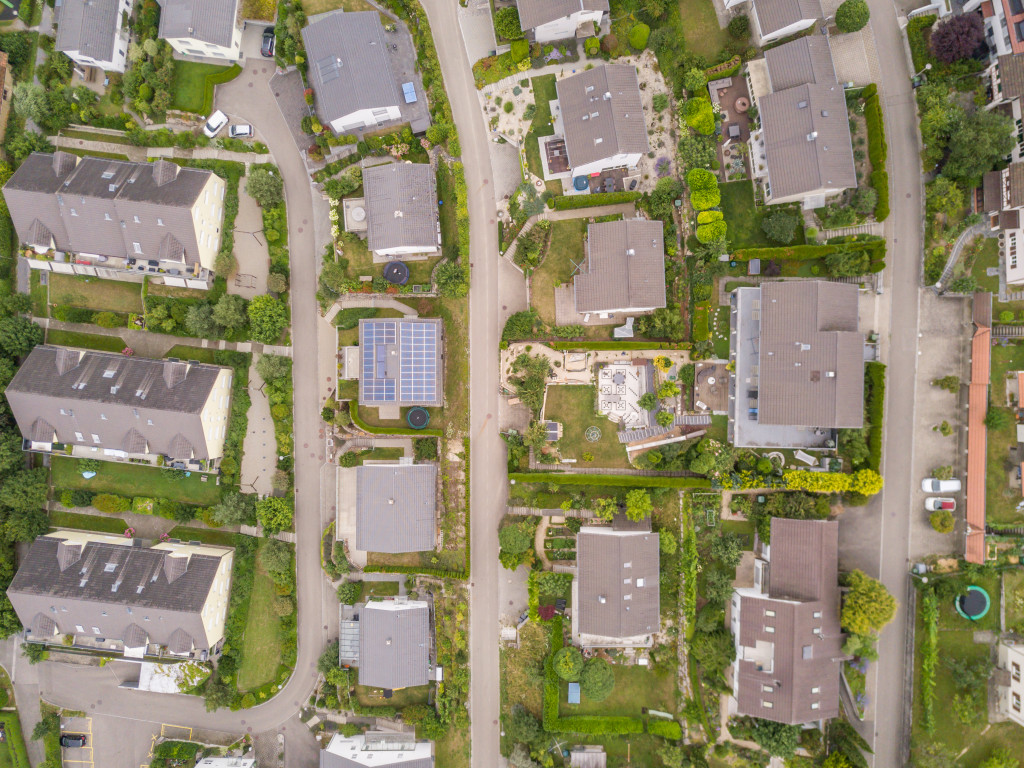 Aerial view of a suburban area